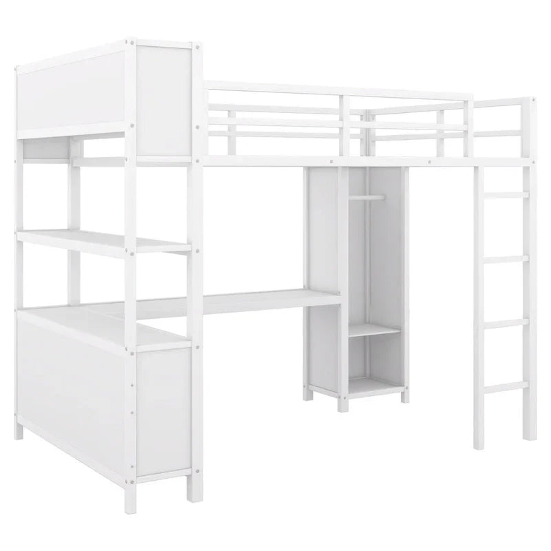 Lit mezzanine en métal blanc cassé avec bureau et armoire - Grand lit