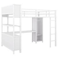Lit mezzanine en métal blanc cassé avec bureau et armoire - Grand lit