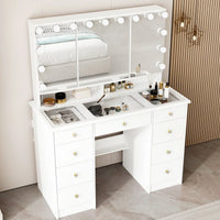 Coiffeuse de maquillage avec miroir triptyque, certifiée, éclairage, dessus en verre, commode