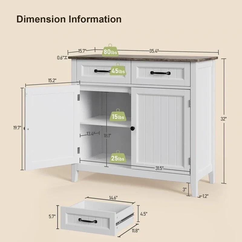 Buffet de rangement de cuisine avec 2 tiroirs, meuble de bar à café, armoire d'entrée en bois avec double porte placard