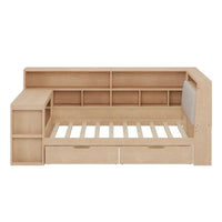 Canapé lit de jour en bois en forme de L avec bureau, bibliothèque, lit d'angle avec tiroirs sous le lit, tête de lit tapissée et éclairage intégré