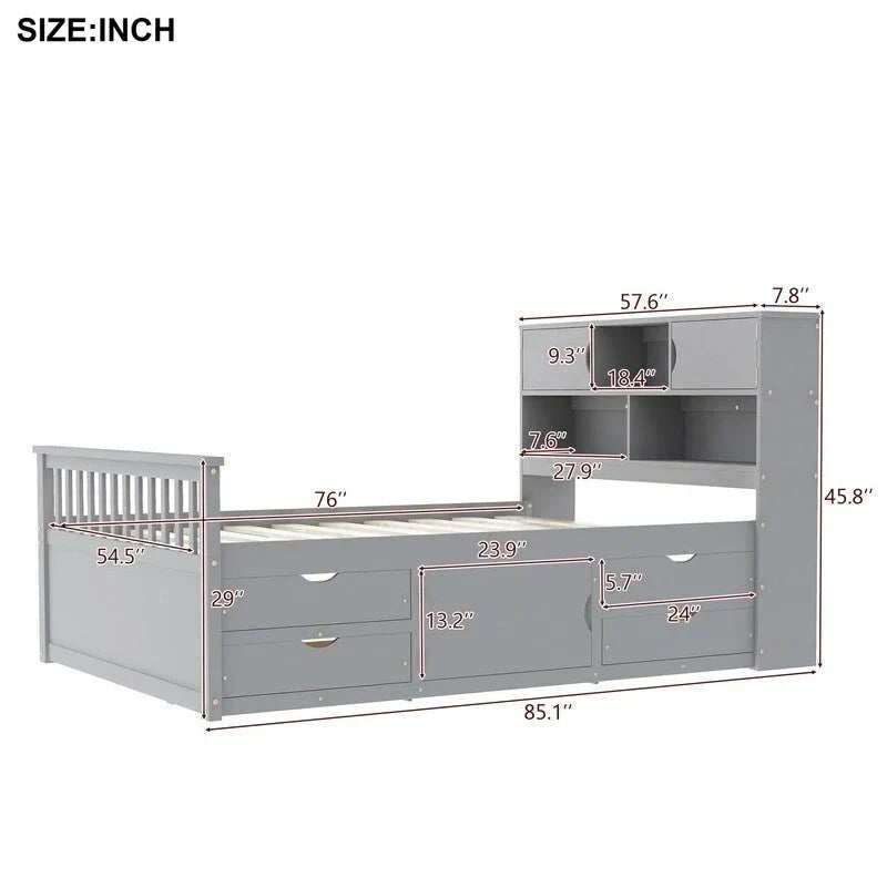 Lit plateforme capitaine double/grand avec 4 tiroirs et étagères de rangement, cadre de lit en bois massif avec tête de lit bibliothèque de rangement