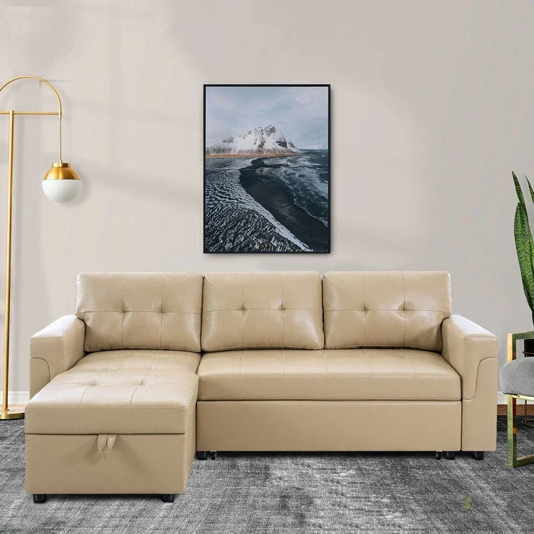 Canapé sectionnel convertible réversible avec lit escamotable, méridienne de rangement dissimulée et pieds durables