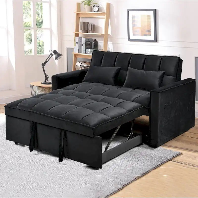 Causeuse de futon moderne en velours avec dossier inclinable et poches, 2 places – Gris foncé / Gris clair / Bleu / Noir
