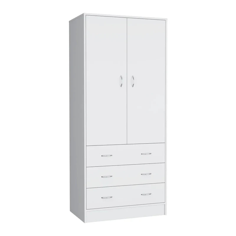 19 Armoire moderne à deux portes avec 3 tiroirs et 1 tringle de penderie pour chambre à coucher