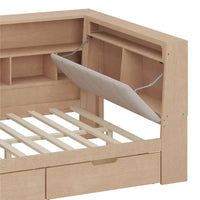 Canapé lit de jour en bois en forme de L avec bureau, bibliothèque, lit d'angle avec tiroirs sous le lit, tête de lit tapissée et éclairage intégré