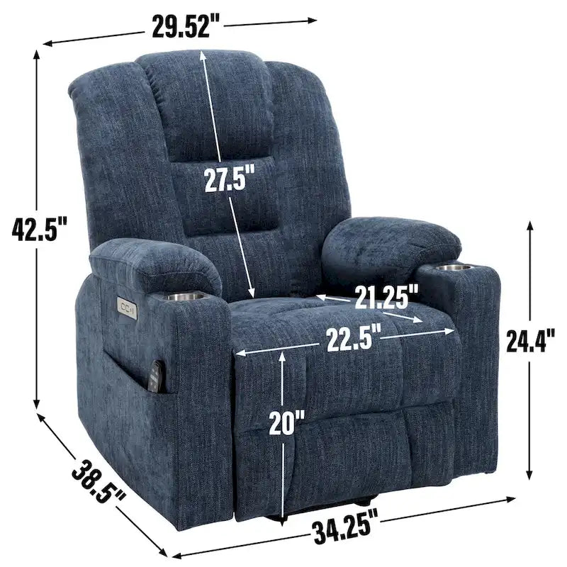 Fauteuil releveur électrique avec massage et chauffage, fauteuils inclinables larges rembourrés Lazy Boy avec USB, ports Type C et 2 porte-gobelets en acier