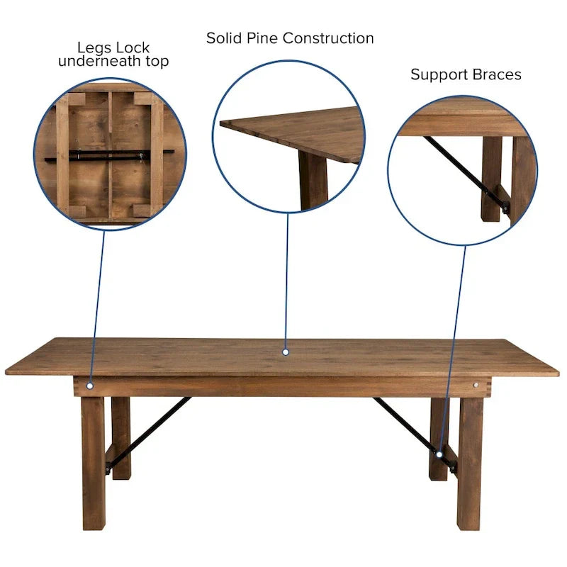 Ensemble table de ferme rustique pliante 8' x 40 avec 10 chaises à dossier croisé et coussins