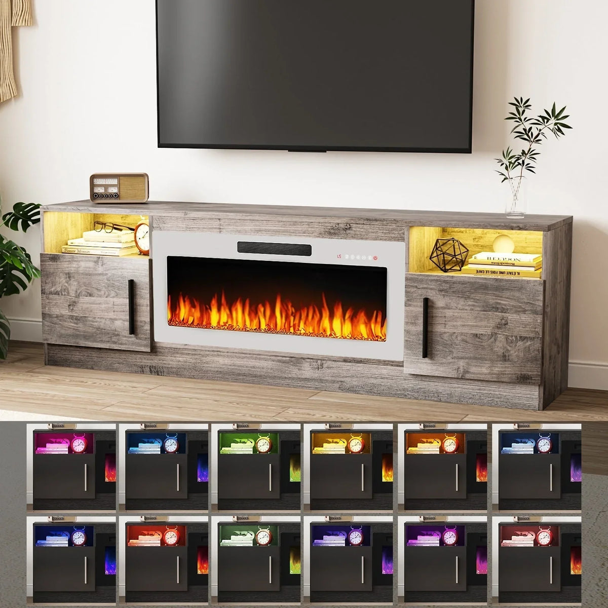 Bossin Meuble TV avec foyer 70 avec foyer électrique 36, meuble TV pour téléviseurs jusqu'à 80, LED 16 couleurs/meuble de divertissement