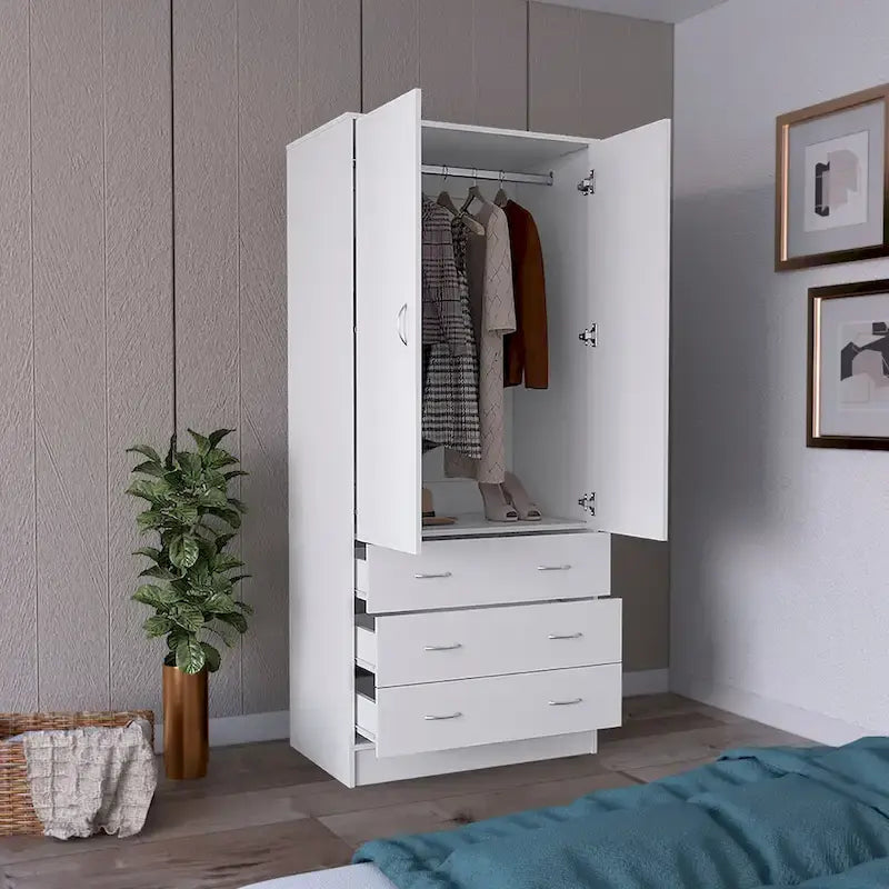 Armoire moderne à double porte 19 avec 3 tiroirs et 1 tringle de suspension pour chambre