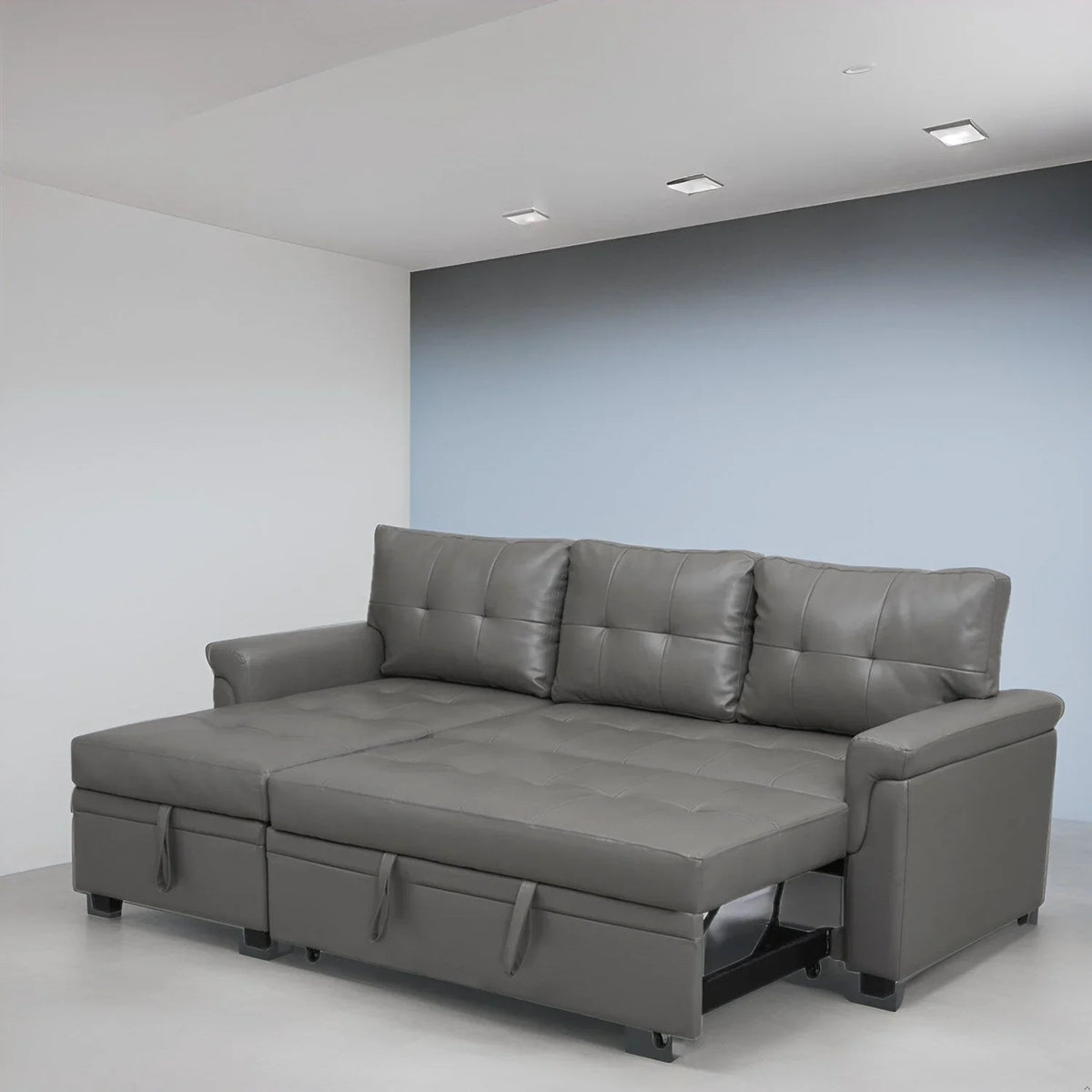 Canapé sectionnel réversible avec lit escamotable, méridienne de rangement dissimulée, pieds durables,
