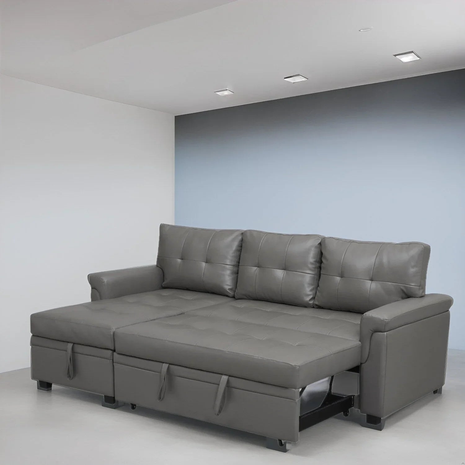 Canapé sectionnel réversible avec lit escamotable, méridienne de rangement dissimulée, pieds durables,