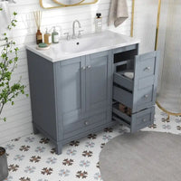 Meuble-lavabo de 36 pouces avec chargement USB, évier en résine, cadre en bois massif, 3 tiroirs de rangement