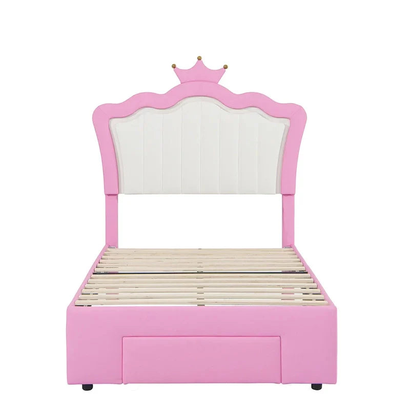 Cadre de lit simple rembourré avec éclairage LED, lit de princesse moderne à tête de lit en couronne, un tiroir, rose+blanc