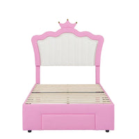 Cadre de lit simple rembourré avec éclairage LED, lit de princesse moderne à tête de lit en couronne, un tiroir, rose+blanc