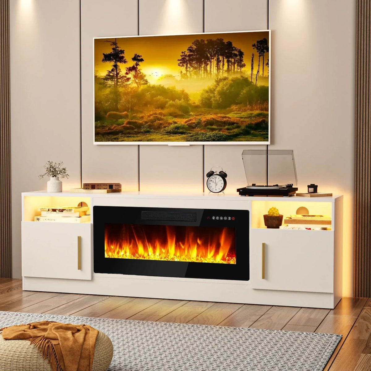 Bossin Meuble TV avec foyer 70 avec foyer électrique 36, meuble TV pour téléviseurs jusqu'à 80, LED 16 couleurs/meuble de divertissement