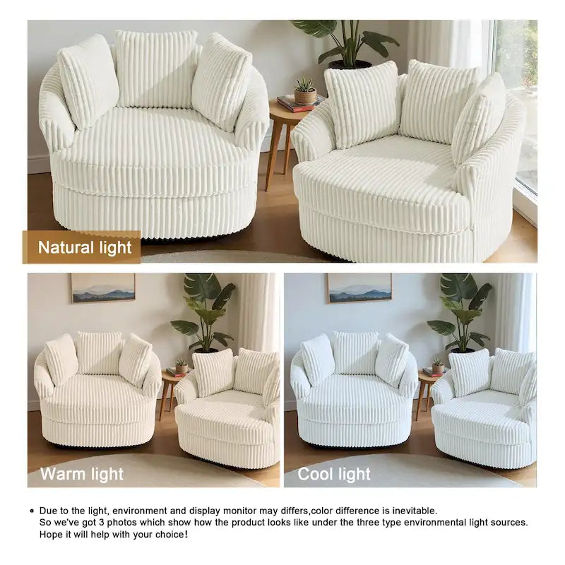 Lot de 2 fauteuils tonneau pivotants surdimensionnés 43 W en velours côtelé moelleux avec coussins