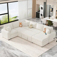 Canapé sectionnel en chenille avec canapé-lit escamotable, canapé-lit en forme de L avec ottoman de rangement, 3 coussins et prises de charge