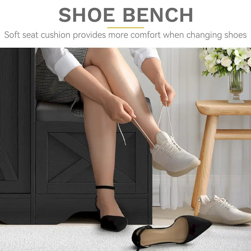 Meuble à chaussures farmhouse avec porte coulissante, banc à chaussures, meuble de rangement à 5 niveaux avec étagères réglables pour 20 paires