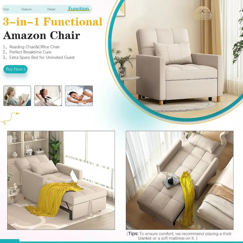 AECOJOY - Fauteuil convertible 3 en 1 avec coussin et dossier inclinable