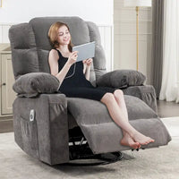 Fauteuil inclinable gris surdimensionné avec fonctions de chauffage et de massage, inclinaison à 150°, bascule à 30°, port USB pour la recharge et 2 porte-gobelets