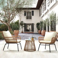 Ensemble de bistro 3 pièces pour terrasse, salon de jardin en rotin tressé avec table en verre et 2 fauteuils larges, coussins d'assise
