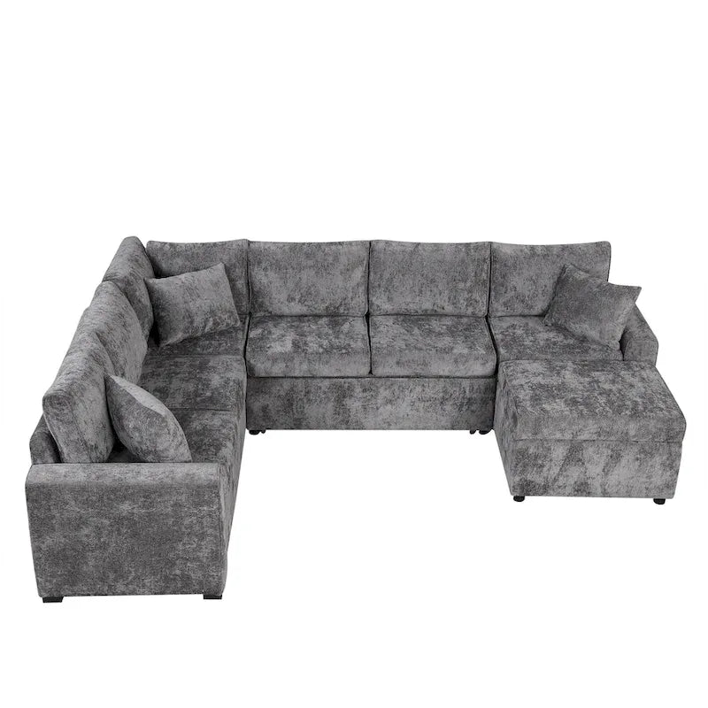 Canapé sectionnel en chenille avec canapé-lit escamotable, canapé-lit en forme de L avec ottoman de rangement, 3 coussins et prises de charge