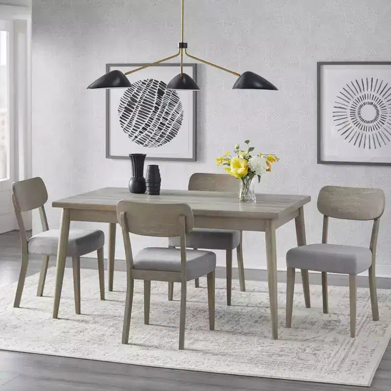 Ensemble repas en bois massif Lifestorey 5 pièces Carlisle gris clair : Mid-Century Modern, hévéa, rembourrage polyester, garniture mousse