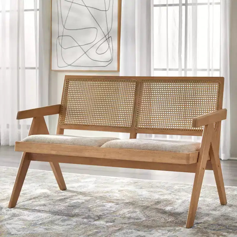 Banc à accoudoirs en cannage en bois massif Lifestorey Baywood Mid Century chêne clair