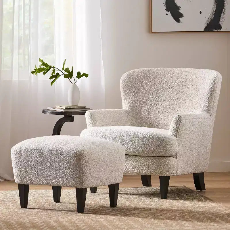 Christopher Knight Home Hartshorn Ensemble fauteuil club et pouf rembourrés en tissu bouclé Amande/Noir mat