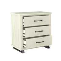 Commode Festivo 3 pièces contemporaine 24 po à 5 tiroirs et table de nuit à 3 tiroirs, blanc cassé aspect scié : MDF, pieds en métal, dispositif anti-basculement