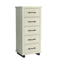 Commode Festivo 3 pièces contemporaine 24 po à 5 tiroirs et table de nuit à 3 tiroirs, blanc cassé aspect scié : MDF, pieds en métal, dispositif anti-basculement