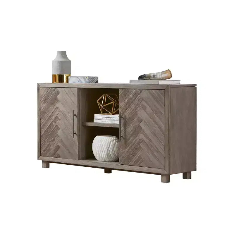 Meuble TV console Palisade pour téléviseurs jusqu'à 60" gris - Martin Furniture : motif chevron, quincaillerie en fer