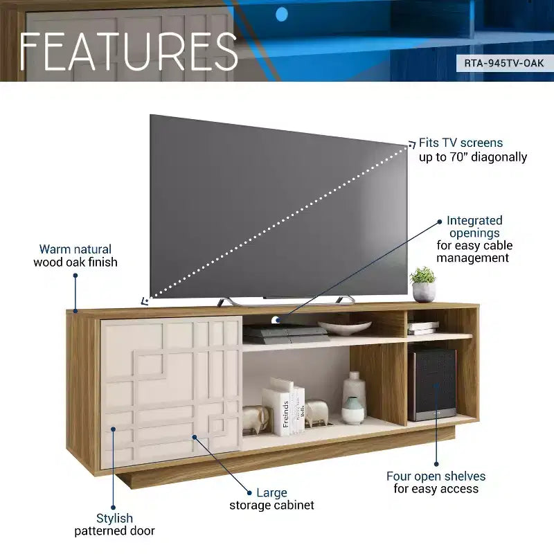 Techni Mobili meuble TV contemporain pour téléviseurs jusqu'à 70" chêne : centre de divertissement moderne avec rangement, gestion des câbles