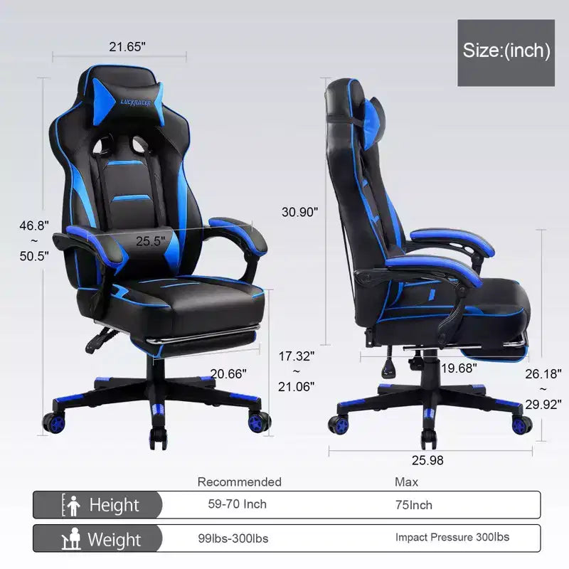 Chaise de jeu LUCKRACER avec repose-pieds, chaise de bureau à dossier haut, chaise de bureau, bleue