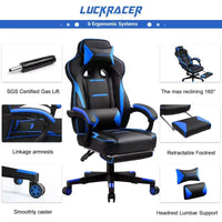 Chaise de jeu LUCKRACER avec repose-pieds, chaise de bureau à dossier haut, chaise de bureau, bleue