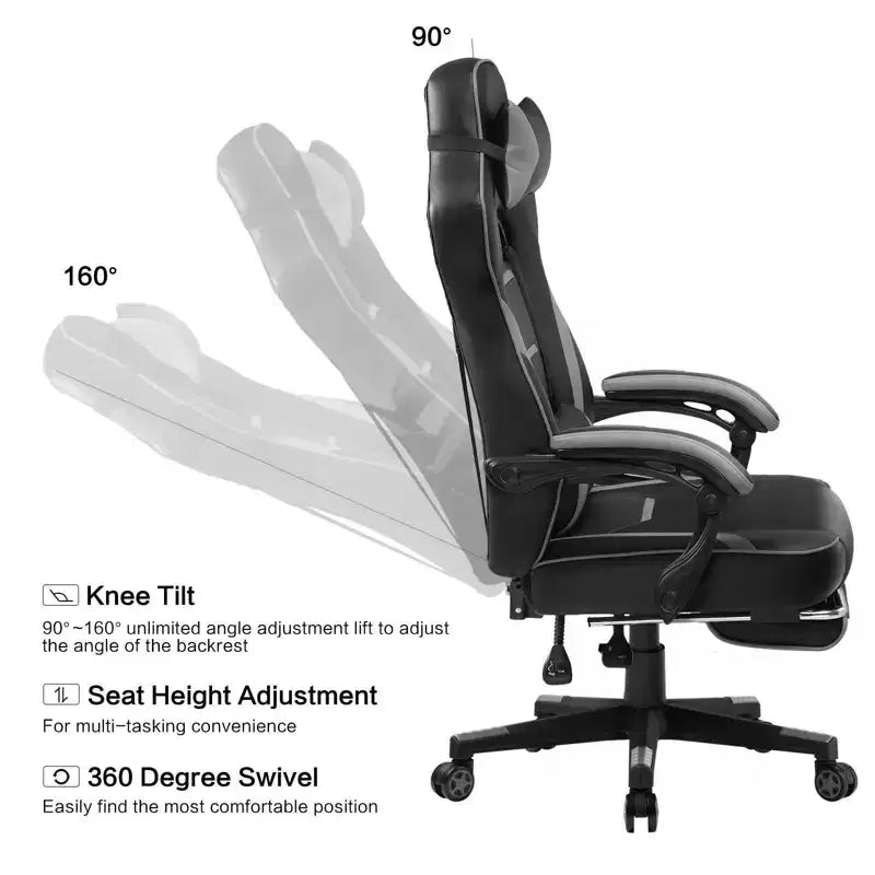 Chaise de jeu LUCKRACER avec repose-pieds, chaise de bureau à dossier haut, gris