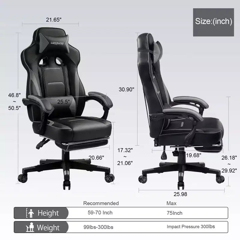 Chaise de jeu LUCKRACER avec repose-pieds, chaise de bureau à dossier haut, gris
