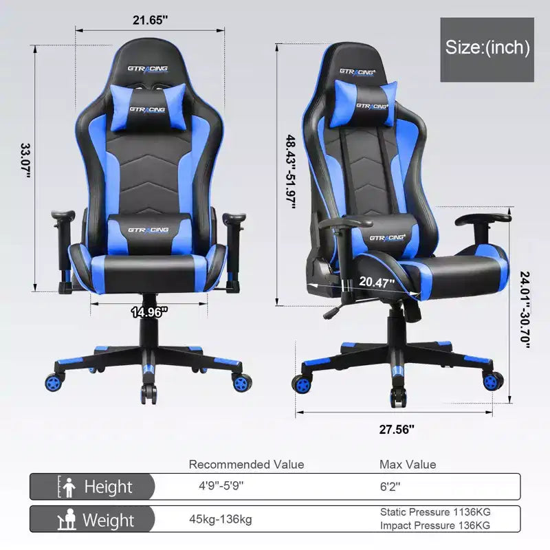 Chaise de jeu GTRACING avec haut-parleurs Bluetooth Chaise de bureau haute en polyuréthane bleue