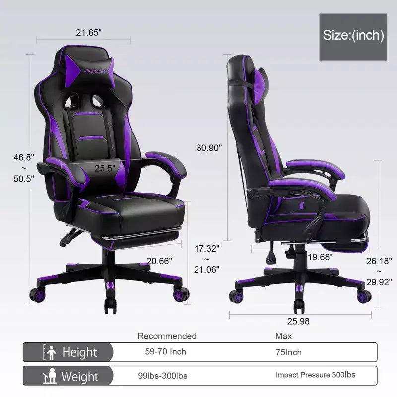 Chaise de jeu LUCKRACER avec repose-pieds Chaise de bureau ergonomique à dossier haut pour ordinateur Bureau Violet
