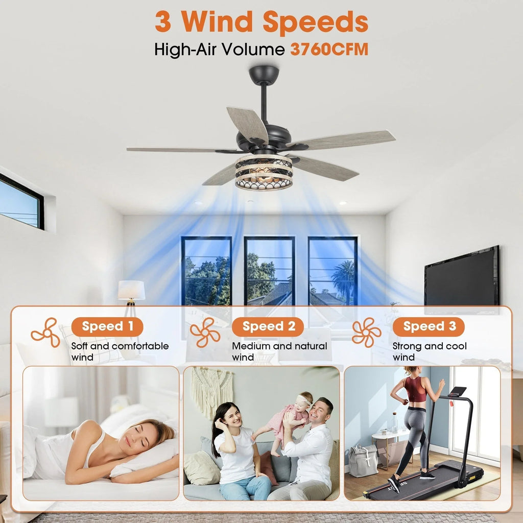 Ventilateur de plafond cage noir 52 style ferme bois flotté 5 pales avec télécommande