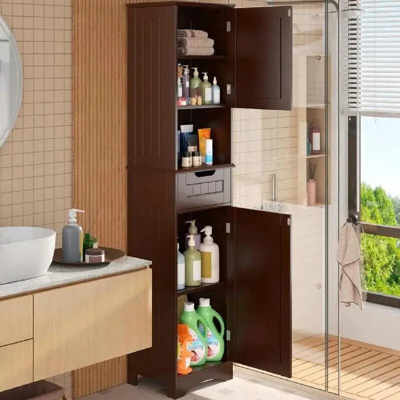 Meuble de salle de bain haut 67 H, tour à linge étroite, meuble de rangement avec 2 portes et tiroir