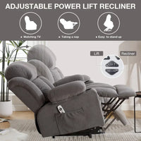 Fauteuil releveur électrique gris avec massage chauffant, charge USB, télécommande et poches latérales pratiques pour seniors