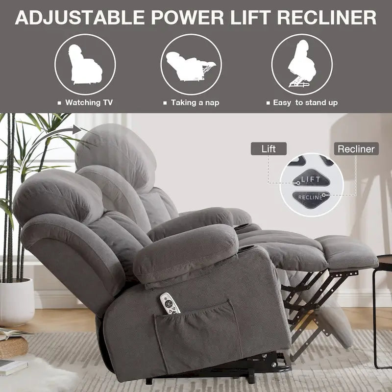Fauteuil releveur électrique gris avec massage chauffant, charge USB, télécommande et poches latérales pratiques pour seniors