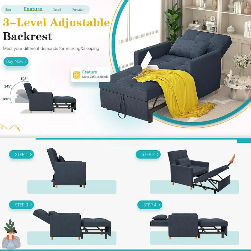 AECOJOY - Fauteuil convertible 3 en 1 avec coussin et dossier inclinable