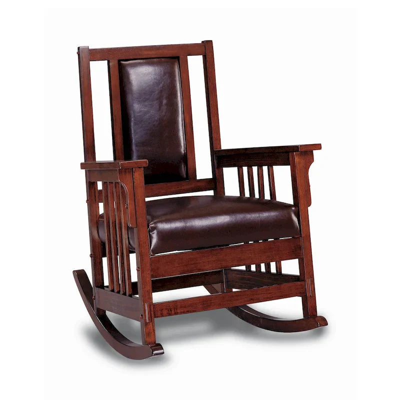Chaise berçante de style Mission, assise et dossier rembourrés en cuir, tabac et brun foncé