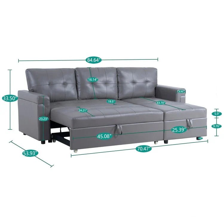 Canapé sectionnel convertible réversible avec lit escamotable, méridienne de rangement dissimulée et pieds durables