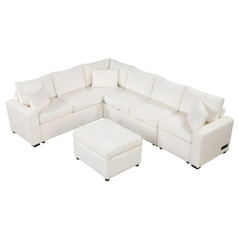 Canapé sectionnel en chenille avec canapé-lit escamotable, canapé-lit en forme de L avec ottoman de rangement, 3 coussins et prises de charge