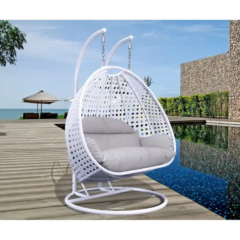 LeisureMod fauteuil œuf suspendu 2 personnes avec support - balancelle hamac d'extérieur / intérieur en rotin tressé avec coussins