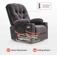 Fauteuil inclinable, pivotant et coulissant électrique avec porte-gobelets et ports USB, en tissu, une place